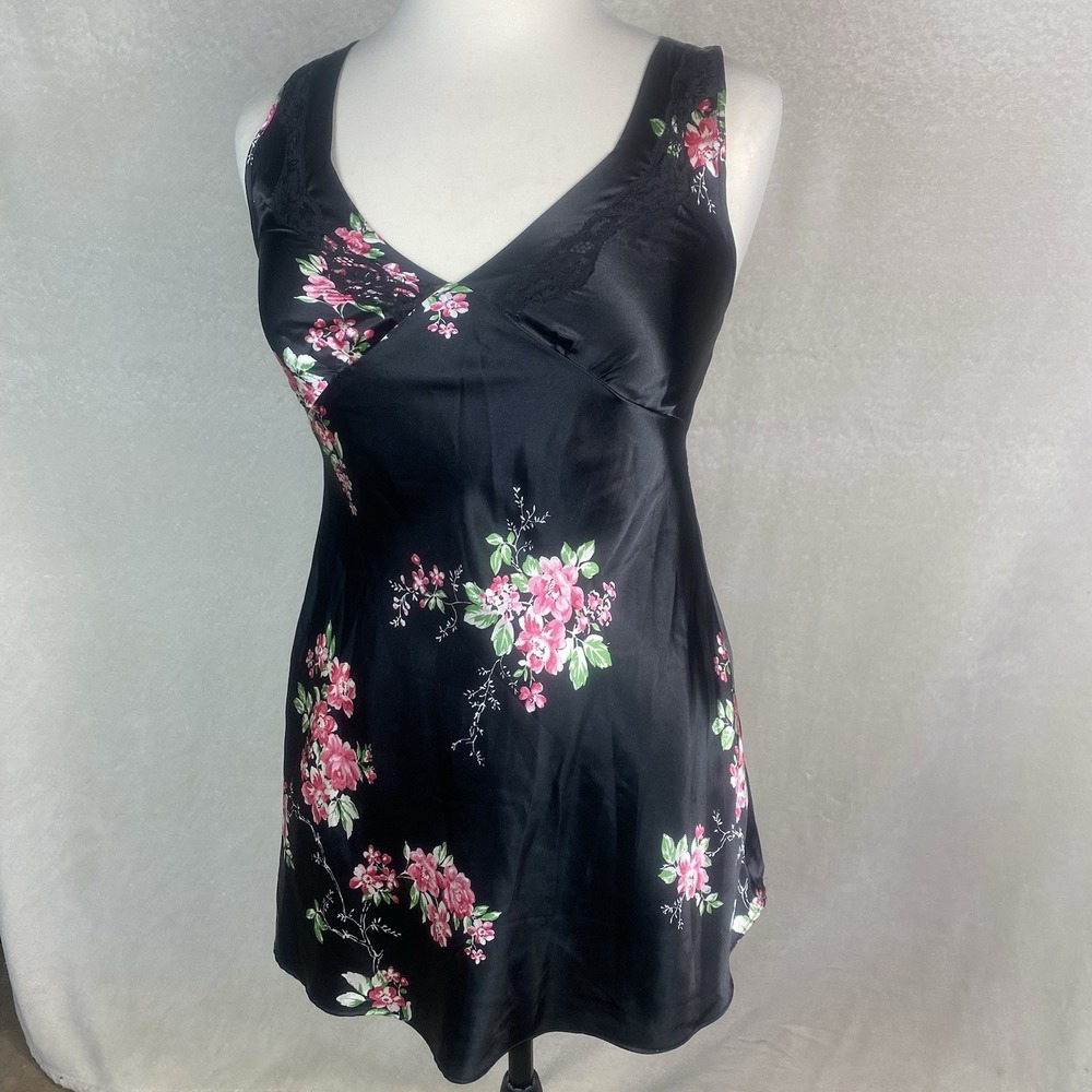 Y2K Jones New York Black Satin Floral Night Gown Slip Dress‎ Size Med Lace